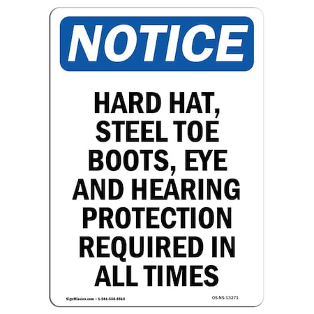 OSHA Notice Sign, Hard Hat Steel Toe Boots Eye, 10in X 7in Rigid Plastic